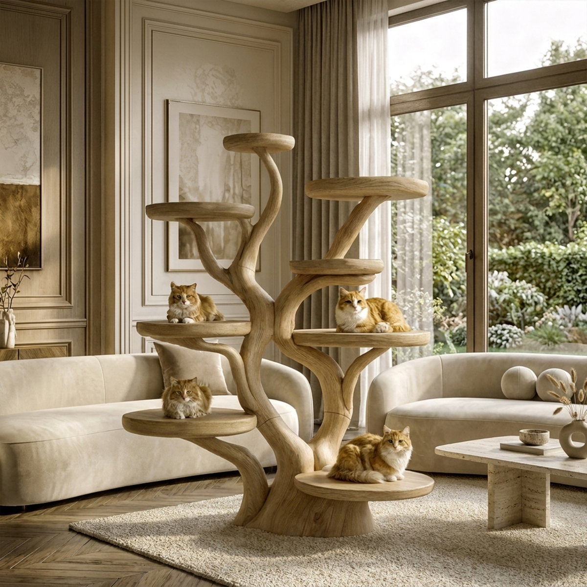 Rustic Solid Wood Cat Tree with Curved Trunk and Tiered Platforms in Oak finish