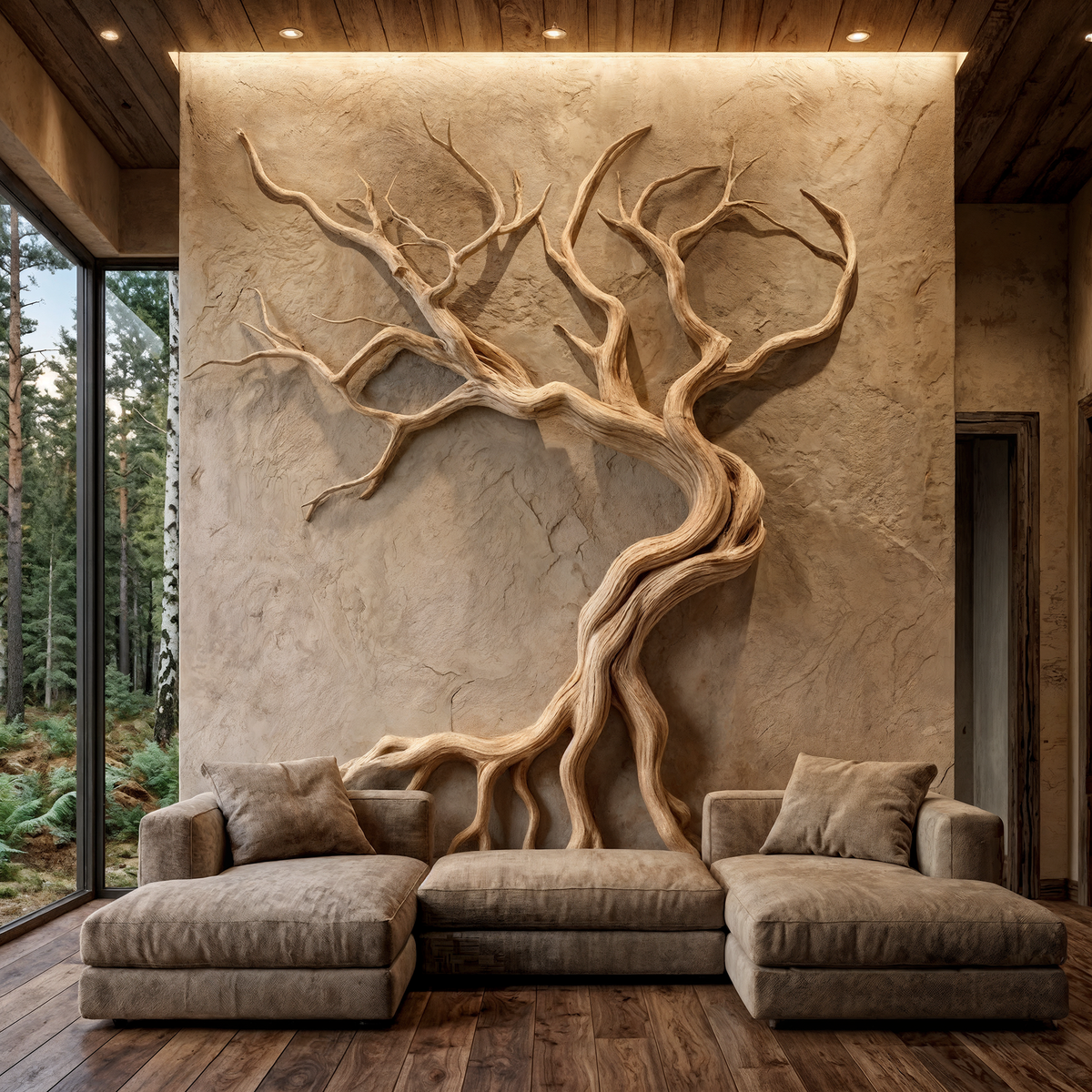 Modern Tree Branch Wood Wall Sculpture for Living Room in Oak finish