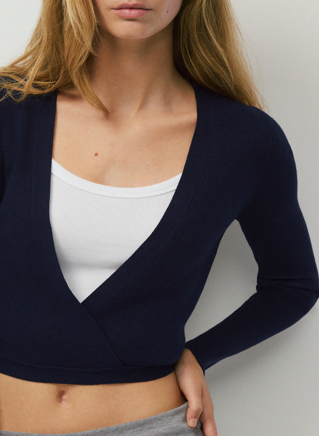 Wrap-Style Waist-Length Knit Top - Pink