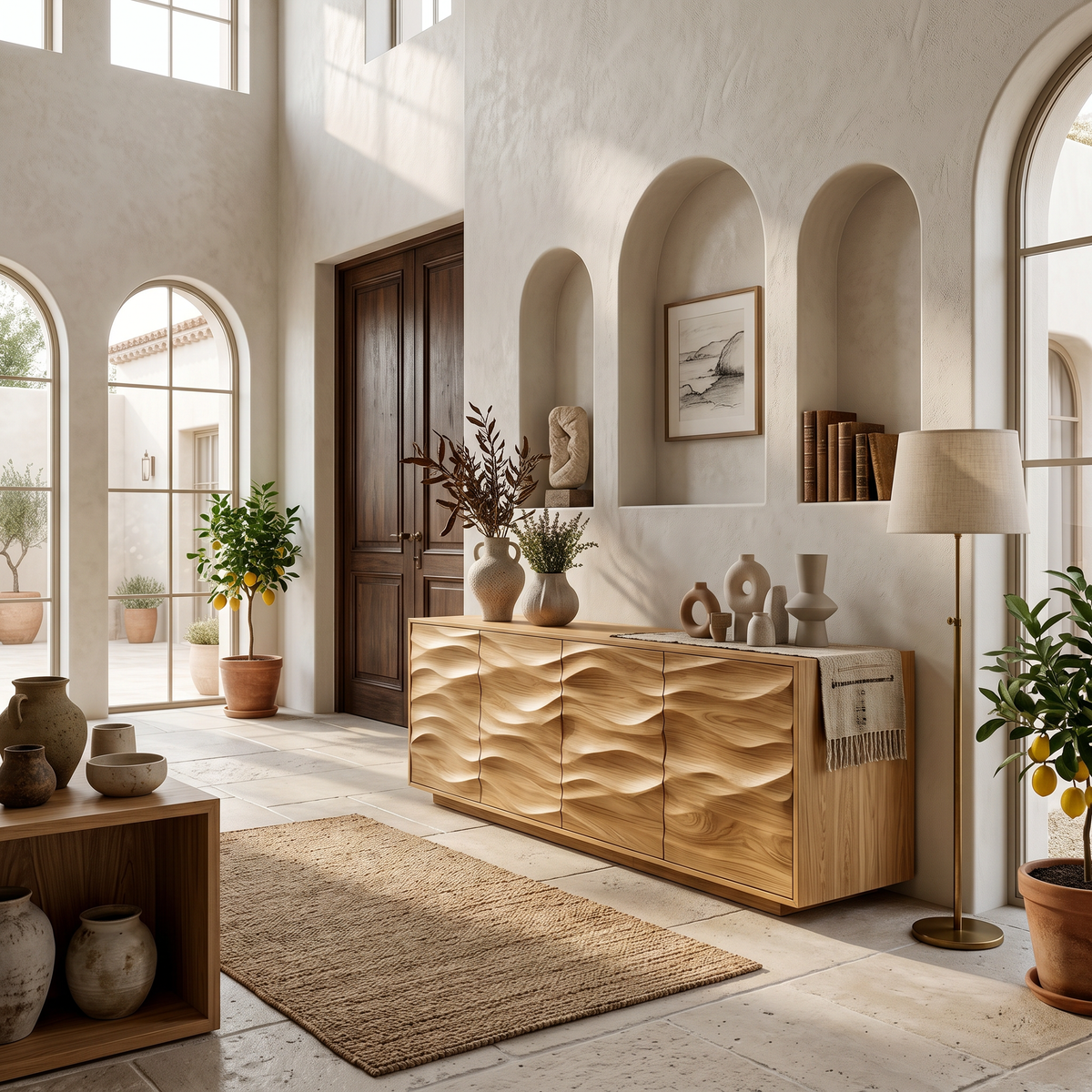 Minimalist Solid Wood Sideboard with Wave-Carved Doors in Oak finish