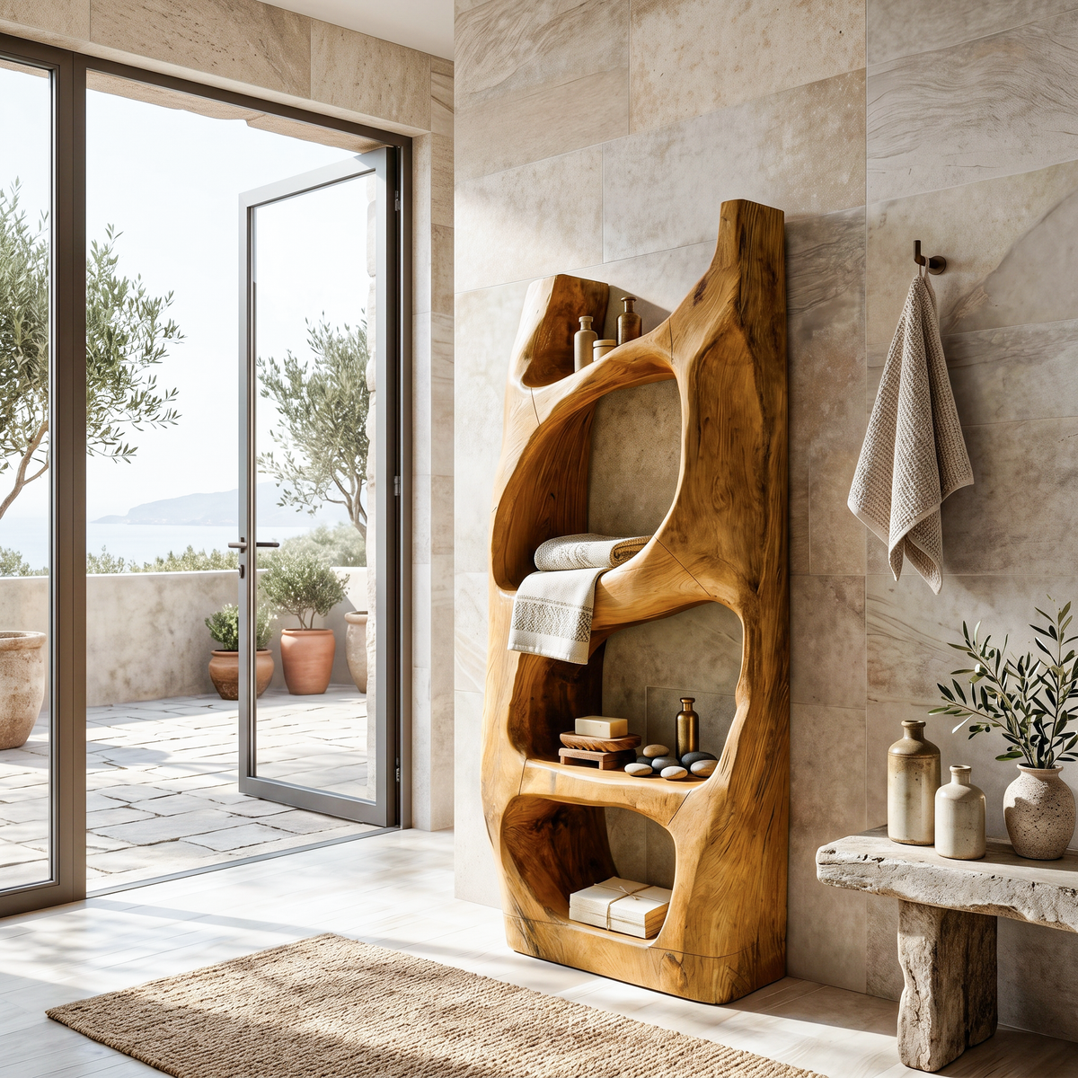 Hand-Carved Sculptural Solid Wood Bathroom Towel Shelf in Oak finish