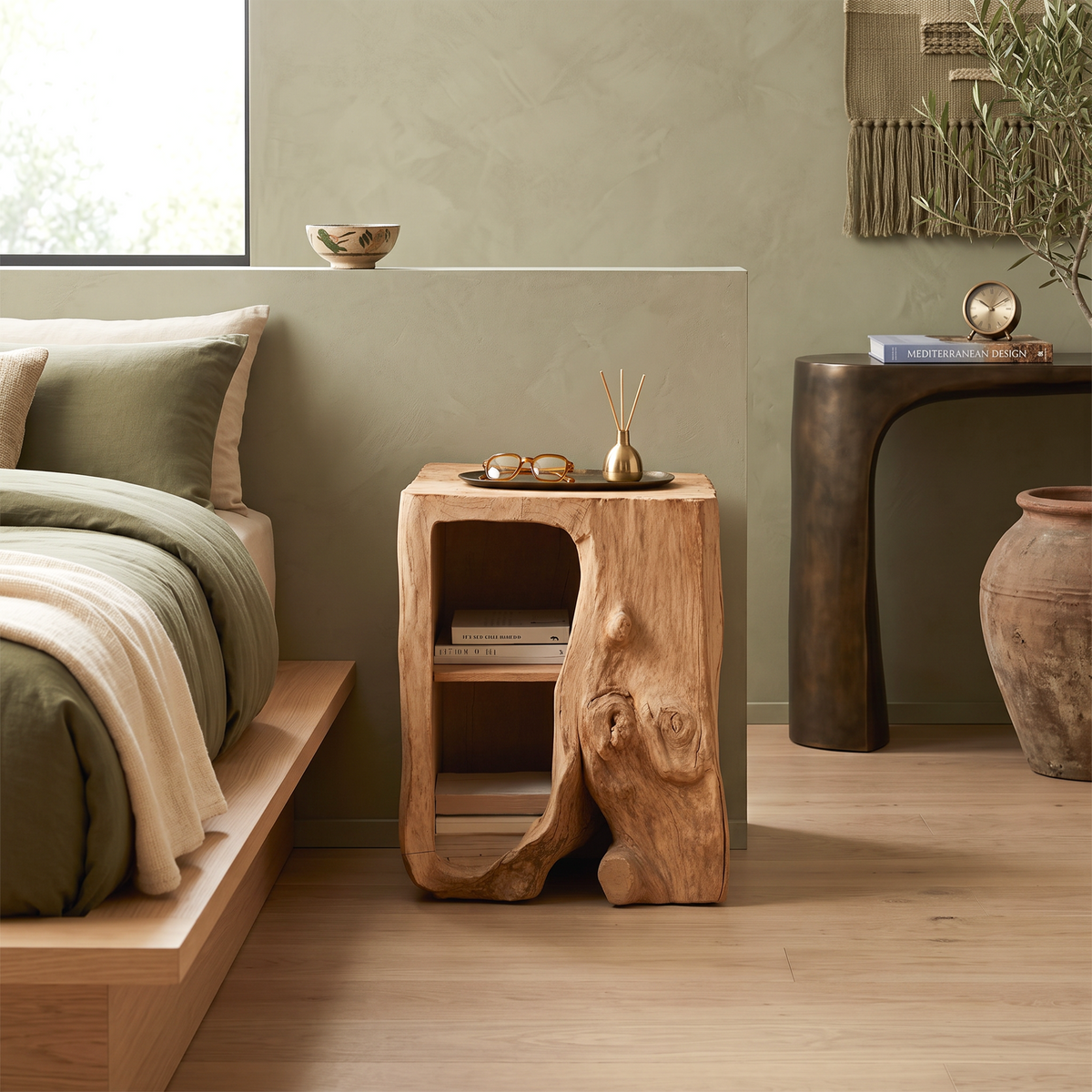 Farmhouse Live Edge Solid Wood Nightstand with Open Shelf in Oak finish