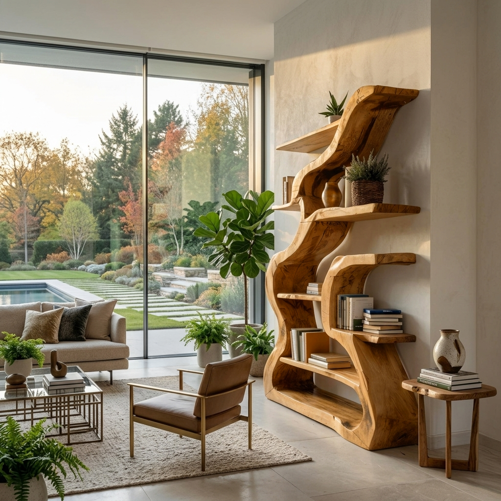 Organic Freestanding Solid Wood Bookshelf with Fluid Curves in Oak finish