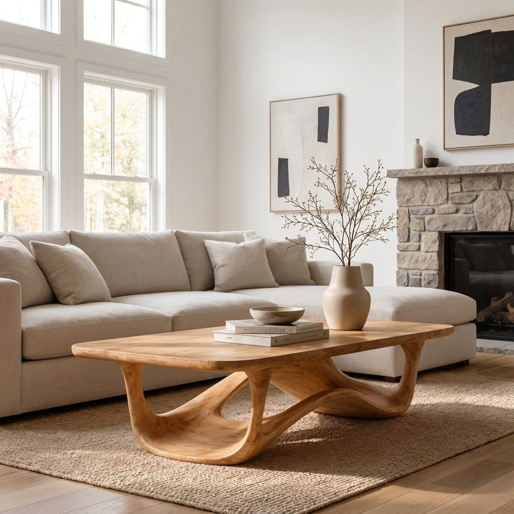 Sculptural Solid Wood Coffee Table with Curved Open Base in Oak finish