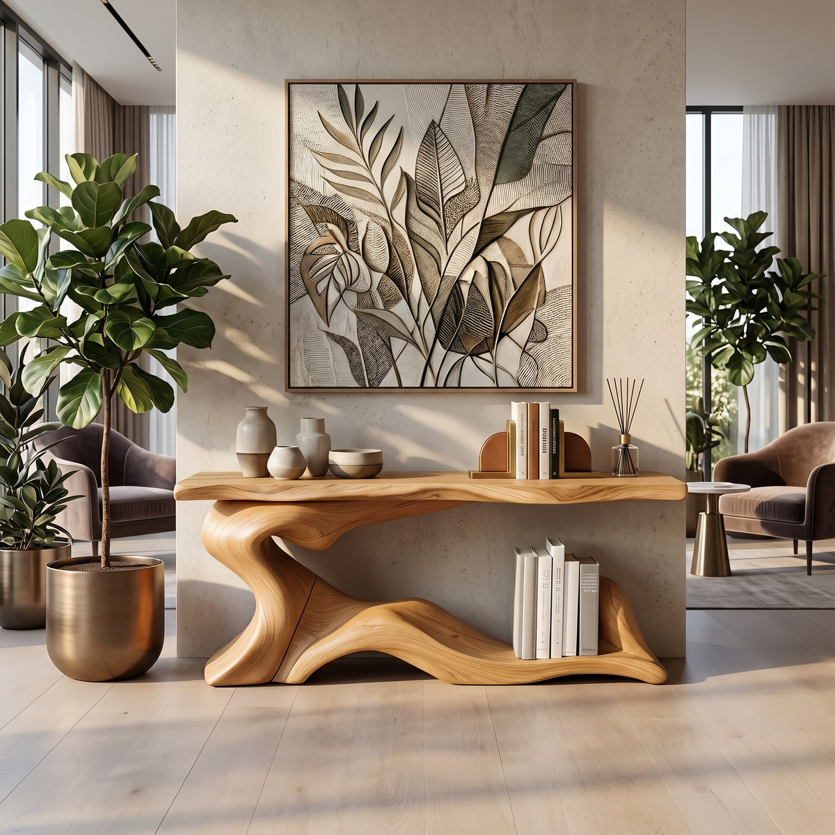 Live Edge Solid Wood Narrow Desk for Entryway or Living Room in Oak finish