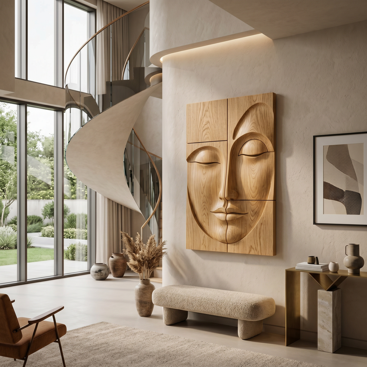 Carved Solid Wood Buddha Face Wall Art Panels in Oak finish