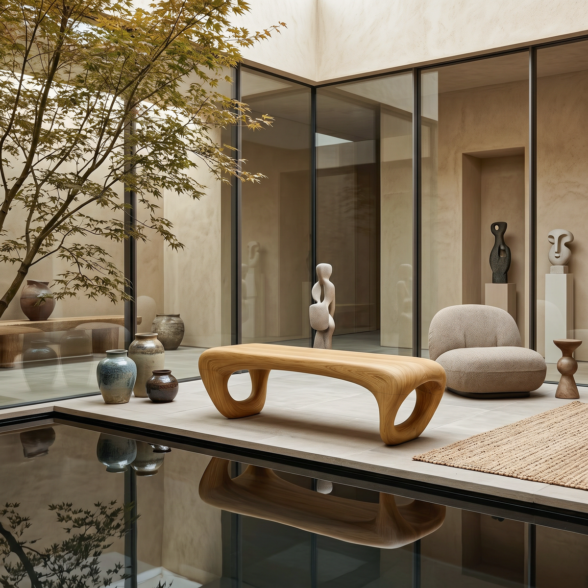 Solid Wood Sculptural Outdoor Bench with Hollow Curved Form in Oak finish