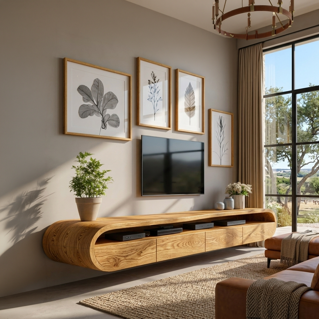 Modern Floating Solid Wood TV Console with Rounded Contours in Oak finish