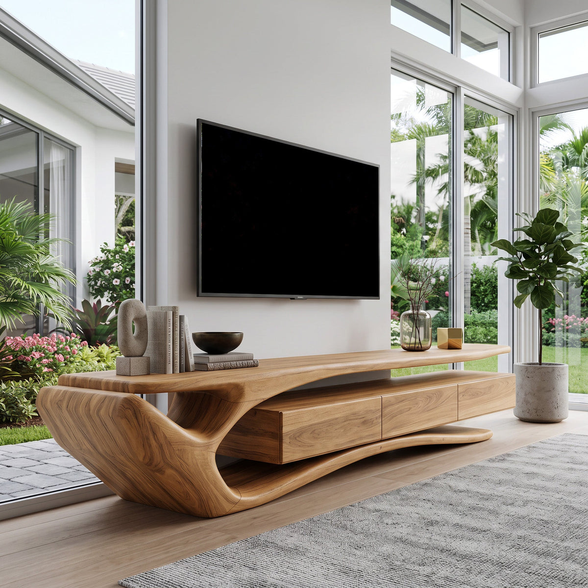 Sculptural Solid Wood TV Stand with Storage Drawers in Oak finish