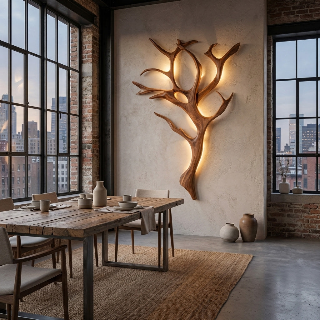 Handcrafted Wood Tree Branch Wall Lamp with Integrated Lighting in Oak finish