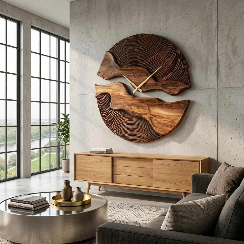 Carved Solid Wood Wall Clock with Organic Split Form - view 3