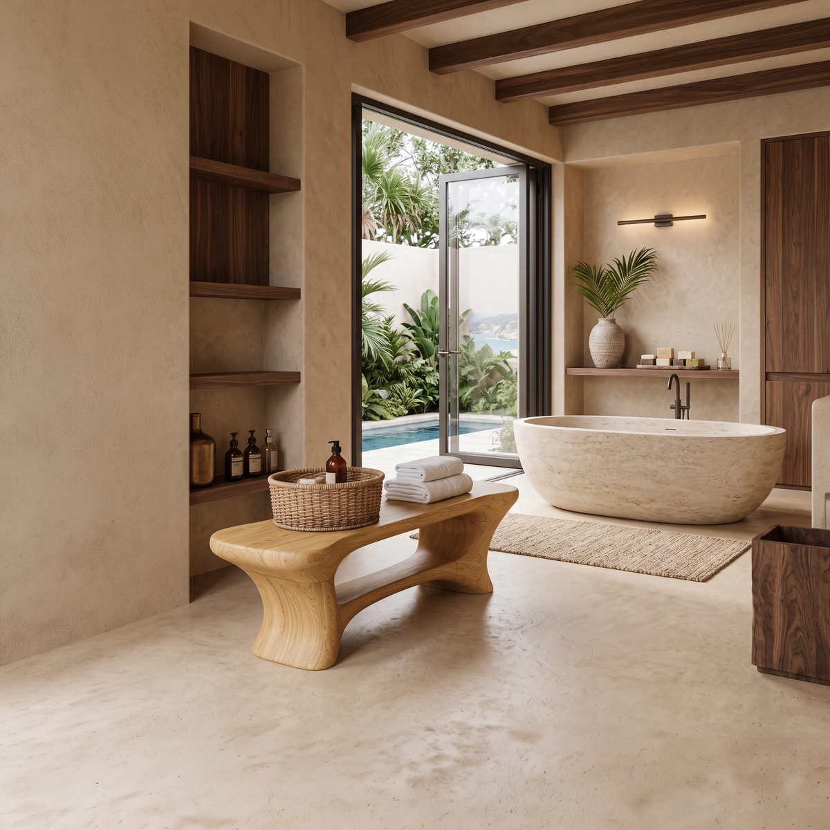 Sculpted Solid Wood Bathroom Bench with Center Shelf in Oak finish