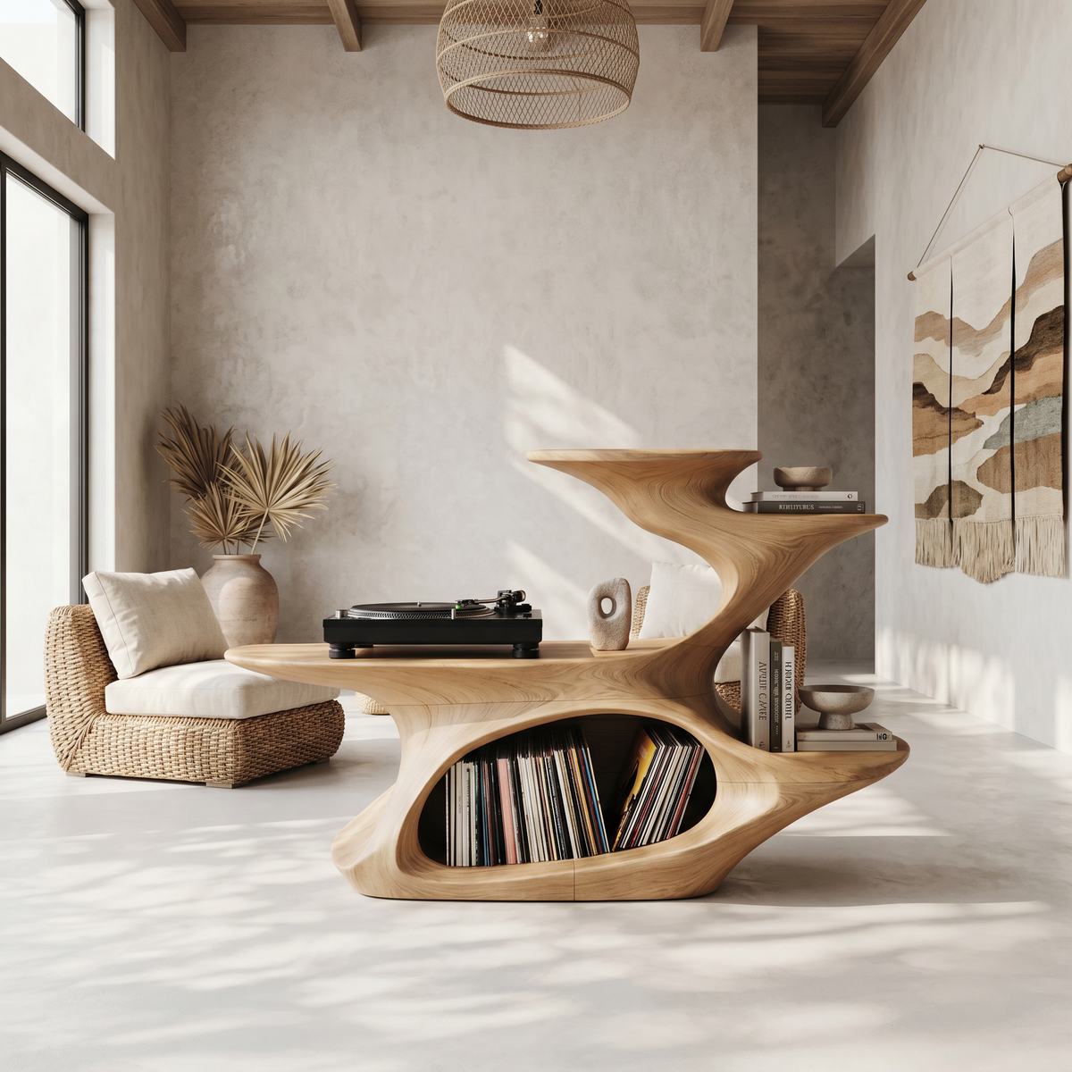 Live Edge Solid Wood Record Player Stand for Vinyl Collection in Oak finish