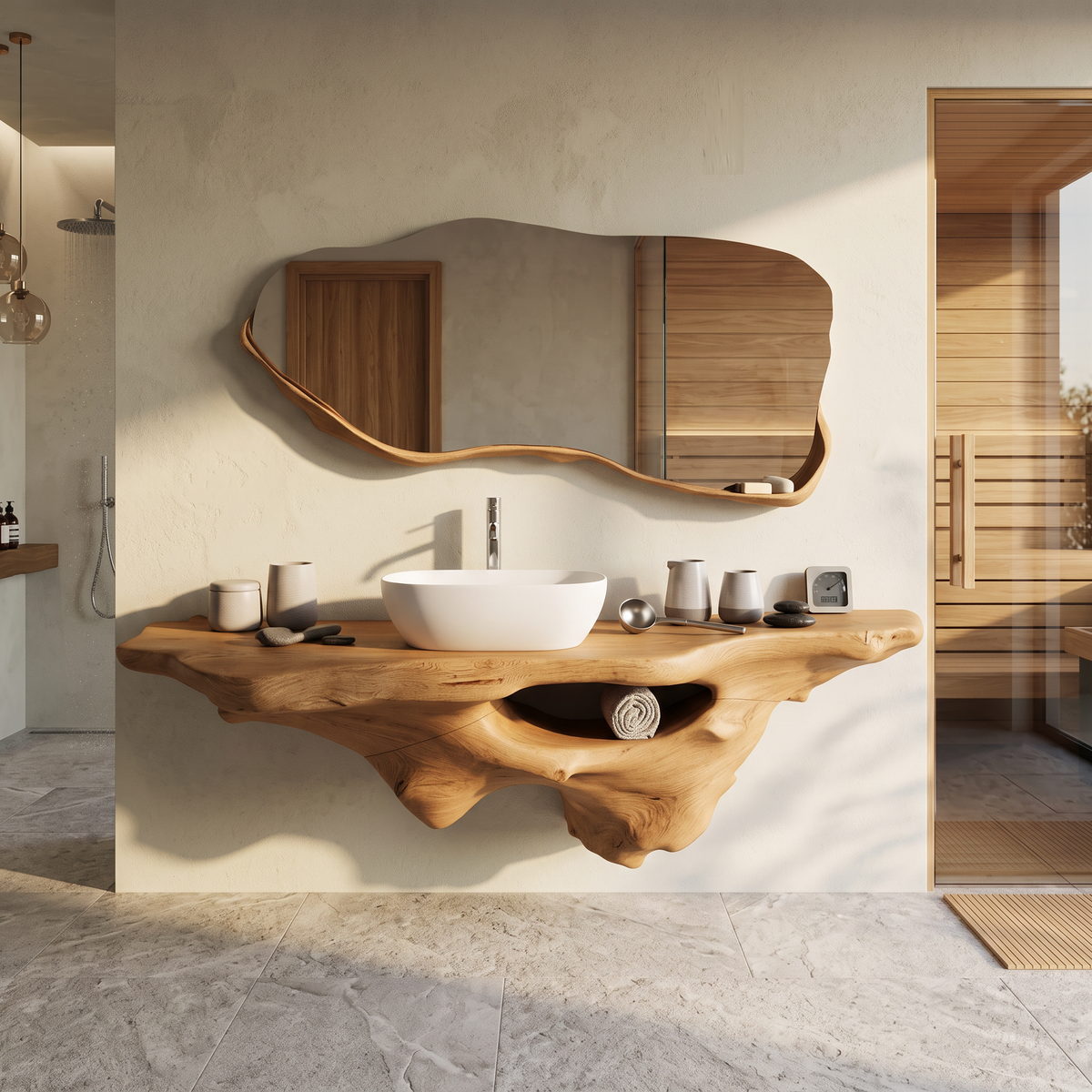 Solid Oak Live Edge Wall-Hung Bathroom Vanity Shelf, Farmhouse in Oak finish