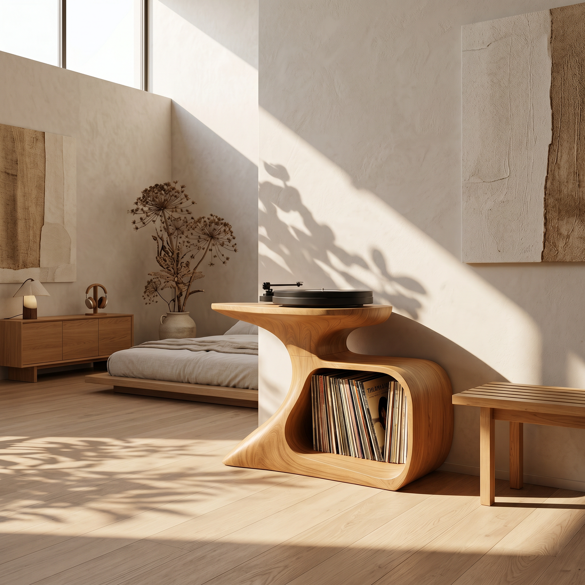 Handcrafted Natural Wood Record Player Stand with Minimalist Frame in Oak finish