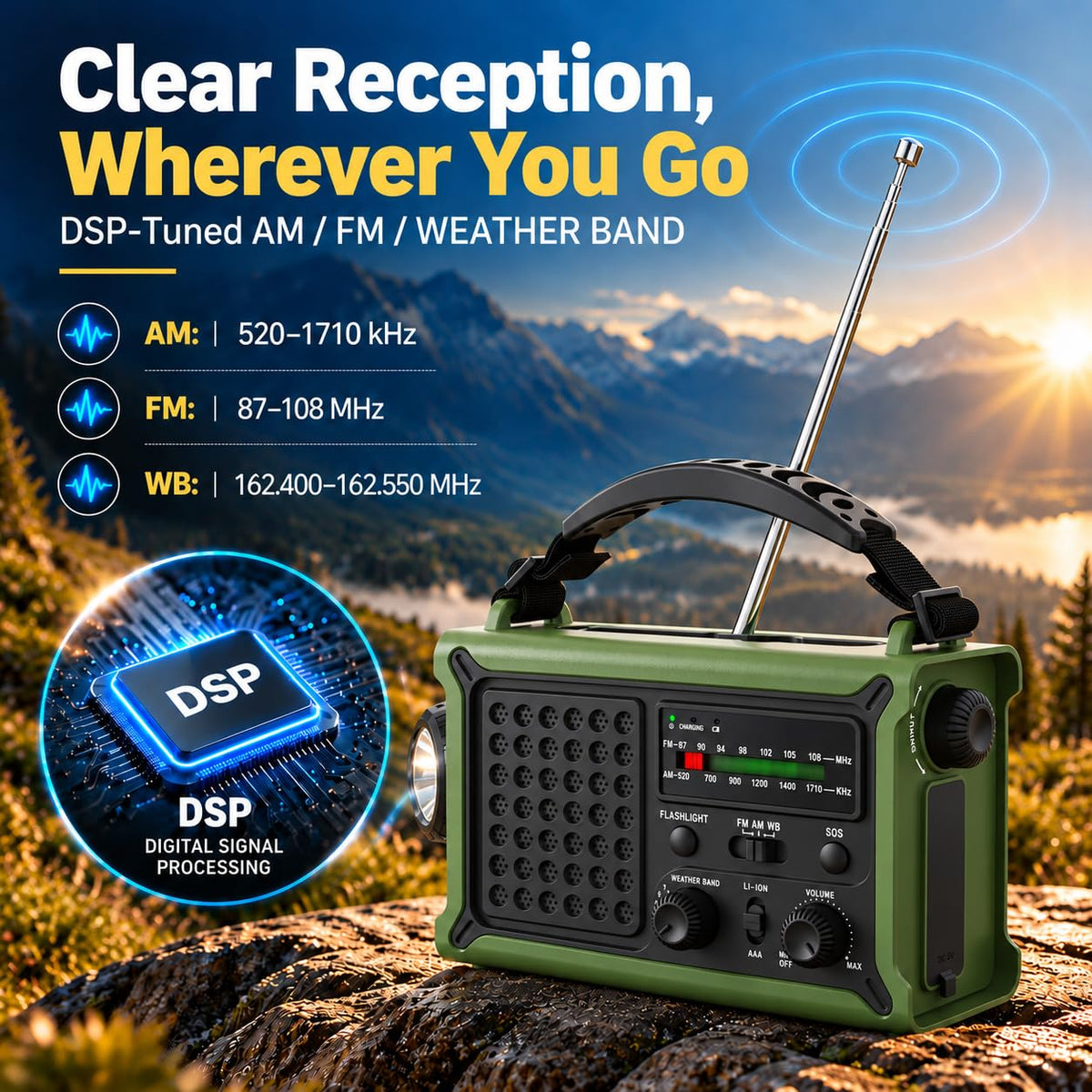 12000mAh/44400mWh Emergency Radio, NOAA Weather Radio, Hand Crank & Solar