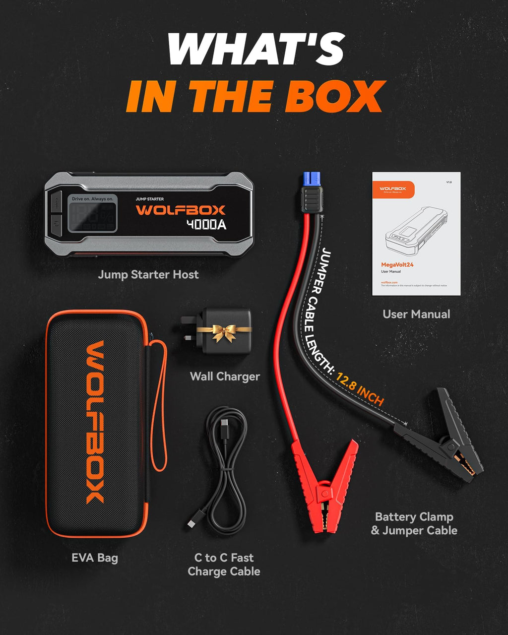 WOLFBOX 4000A &88.8Wh Battery Jumper Starter Portable(10L/10L),with Booster