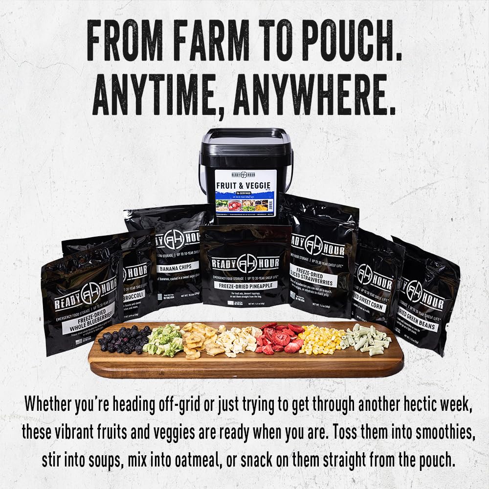 Ready Hour, Fruit & Veggie Mix, Non-Perishable Freeze-Dried Food, 30-Year Shelf Life, Portable Emergency and Adventure Food Supply, Durable Flood