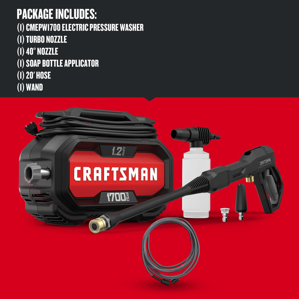 CRAFTSMAN Electric Pressure Washer, Cold Water, Lightweight Corded Power Washer for Cars, Driveways, Patio and Garage, Powerful 1700-PSI, 1.2-GPM