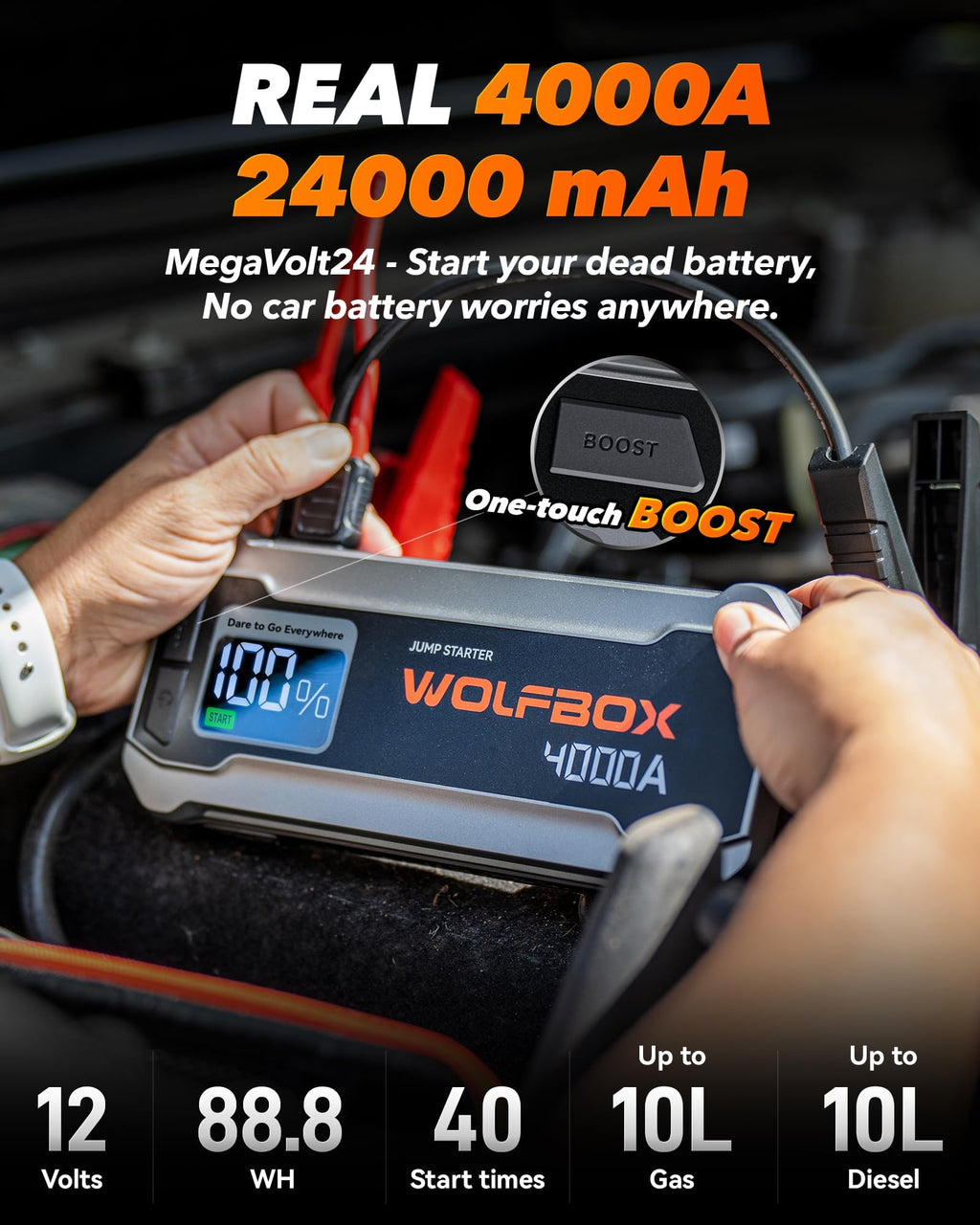 WOLFBOX 4000A &88.8Wh Battery Jumper Starter Portable(10L/10L),with Booster