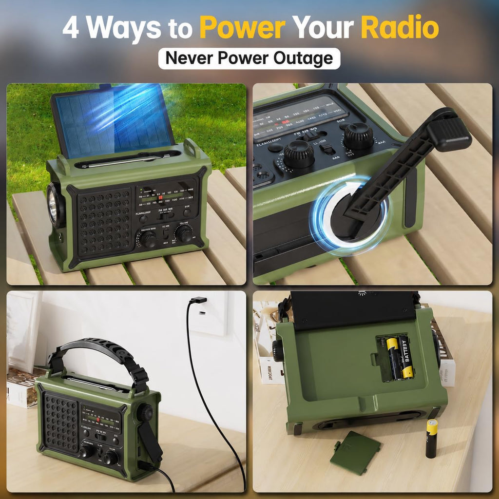 12000mAh/44400mWh Emergency Radio, NOAA Weather Radio, Hand Crank & Solar
