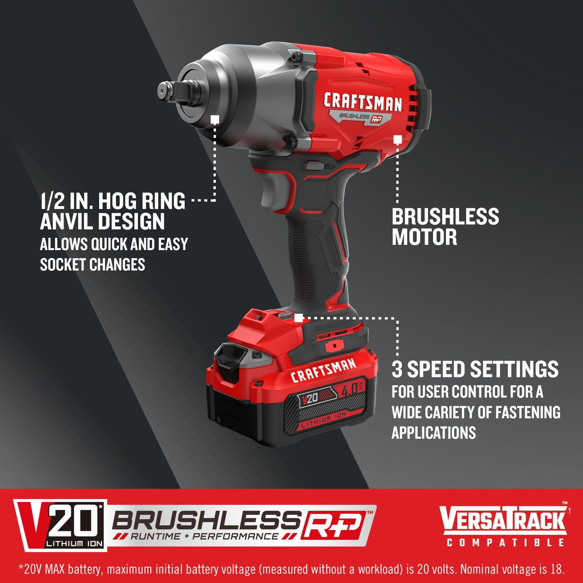 CRAFTSMAN V20 RP Cordless Impact Wrench, Battery and Charger (CMCF940M1)