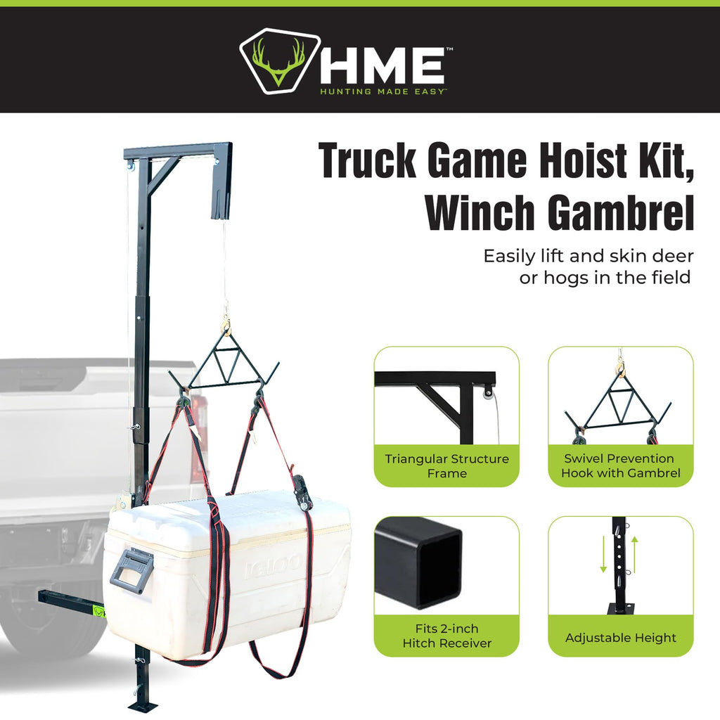 HME Truck Hitch Game Hoist Kit with Winch and Gambrel, 400 lb Capacity