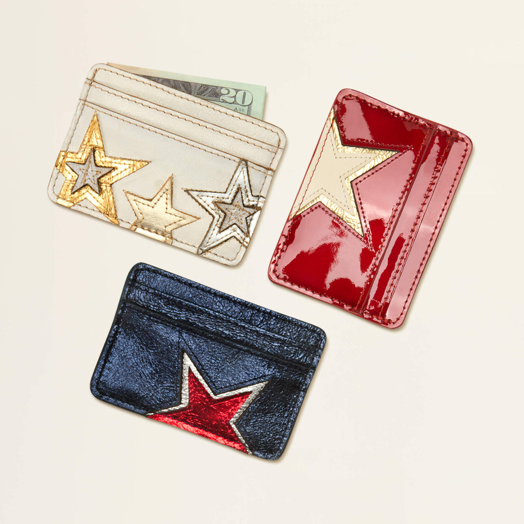 Metallic Leather Star Card Case - Blue