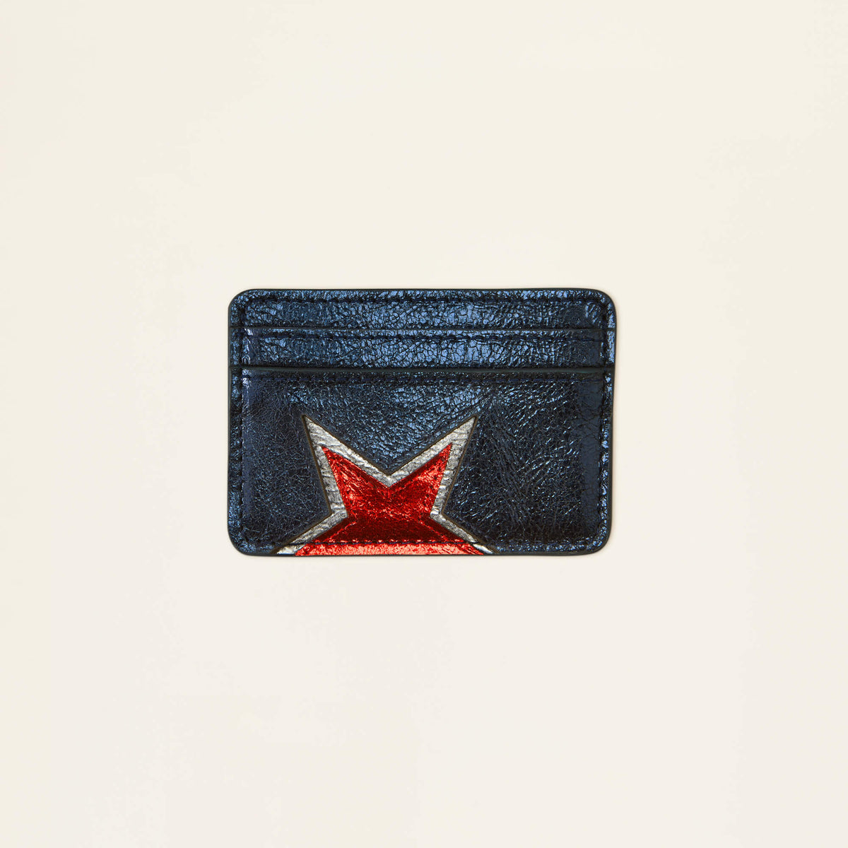 Metallic Leather Star Card Case - Blue