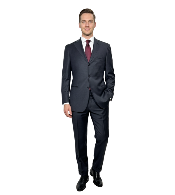 Men's Charcoal Textured Notch Lapel Classic Fit 3-Button Wool Suit