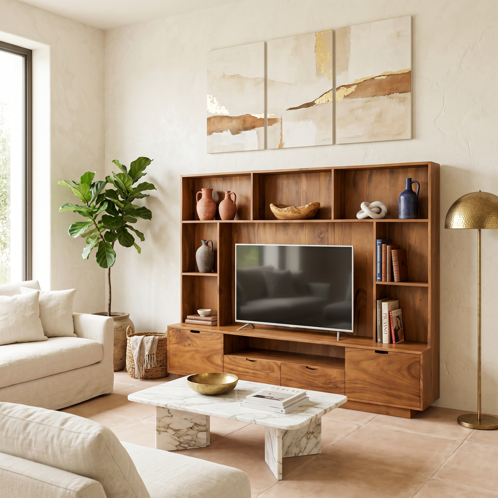 Solid Wood TV Wall Unit with LED Lit Shelves and Cabinets - view 3