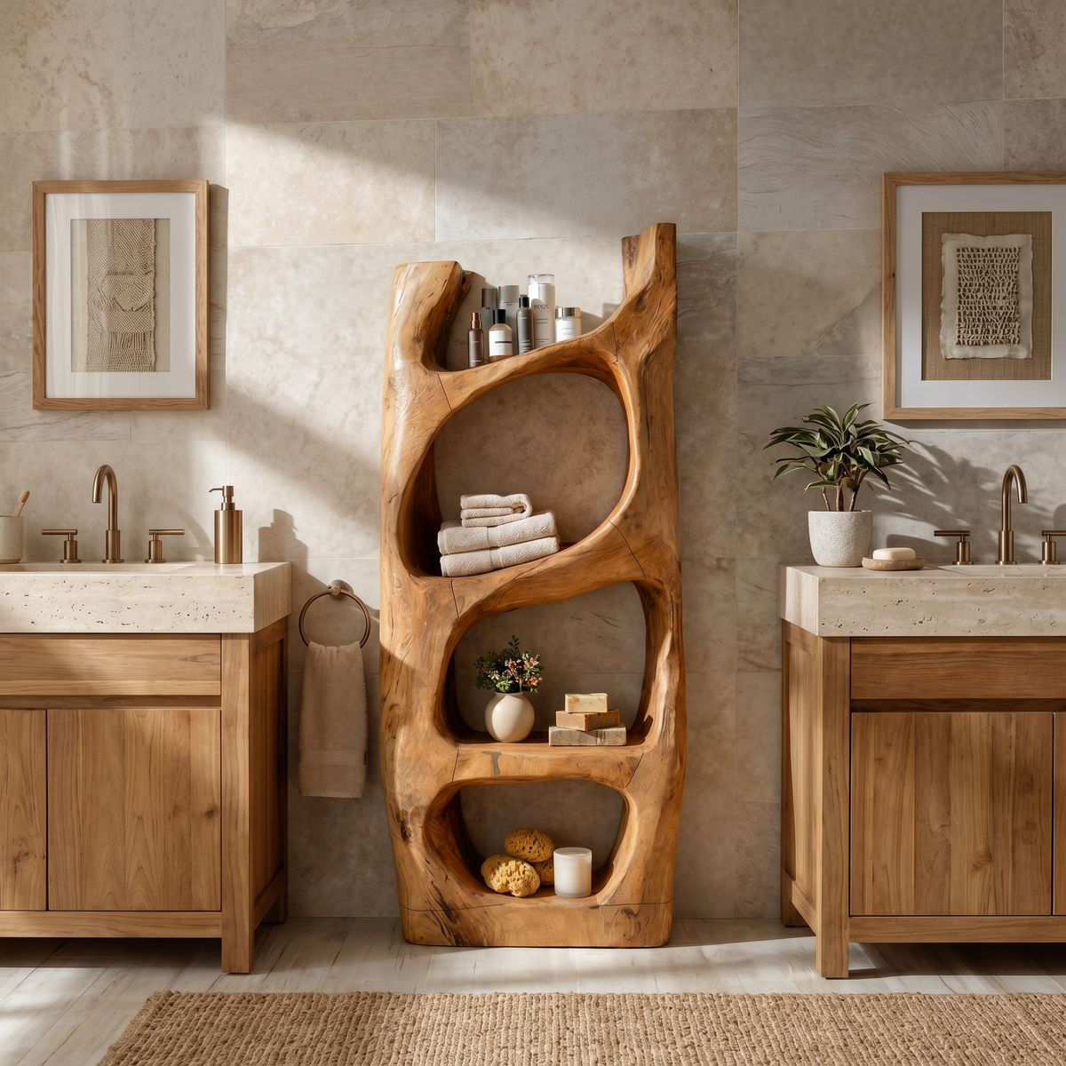 Hand-Carved Sculptural Solid Wood Bathroom Towel Shelf - view 3