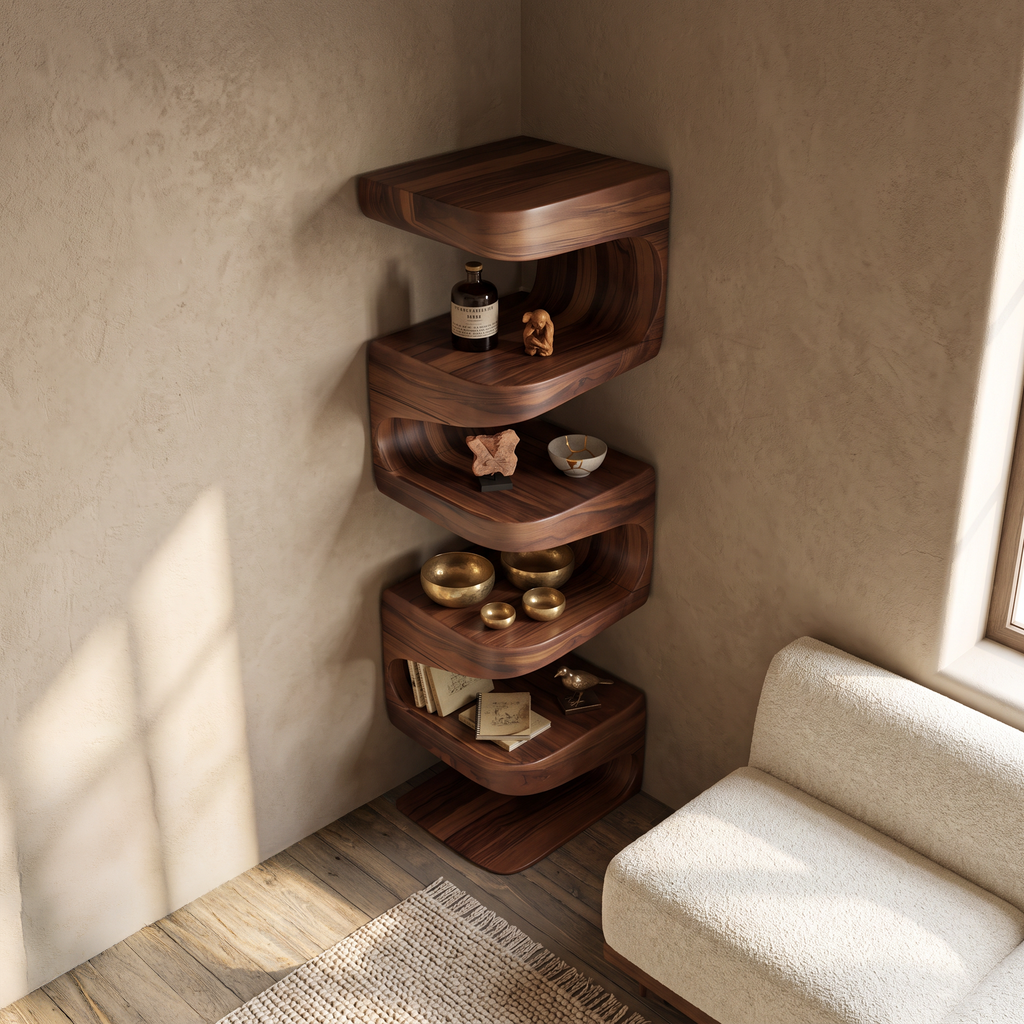 Modern Corner Wave Bookshelf in Solid Wood with Tiered Shelves - view 2