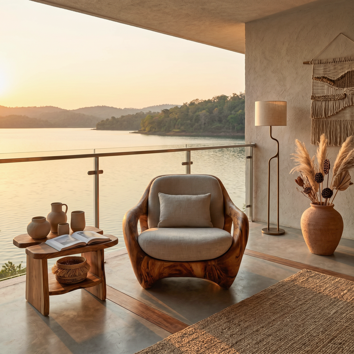 Carved Solid Wood Lounge Chair with Open Frame and Cushions - view 2
