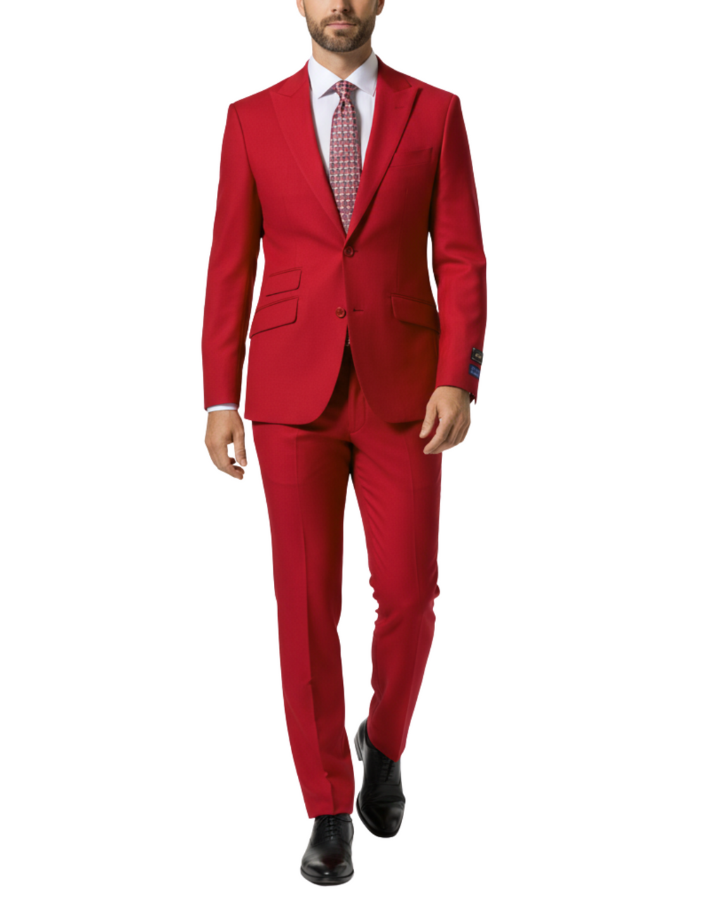 Men's Solid Red Modern Fit Peak Lapel Wool 2-Button Suit