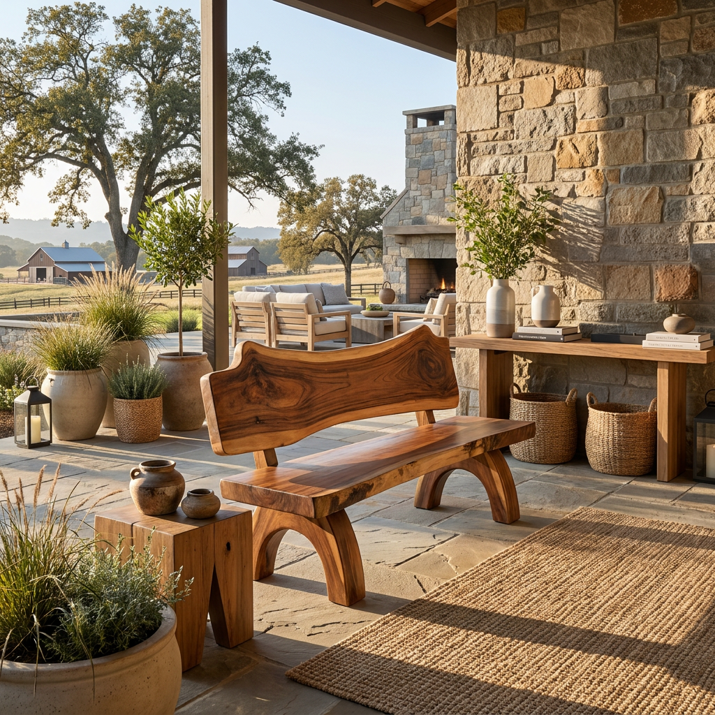 Rustic Live Edge Solid Wood Bench with Backrest for Patio - view 2