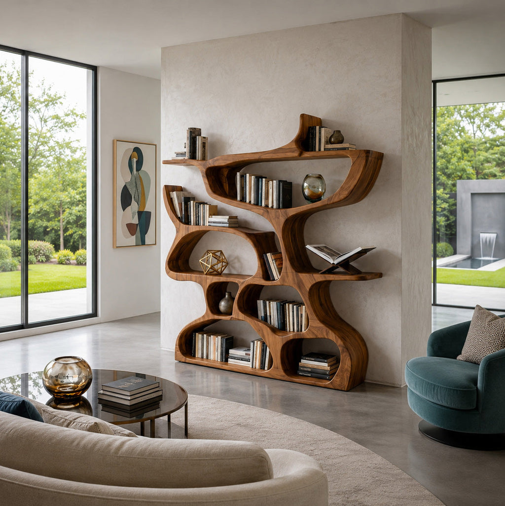 Organic Carved Solid Wood Bookshelf with Open Compartments - view 2