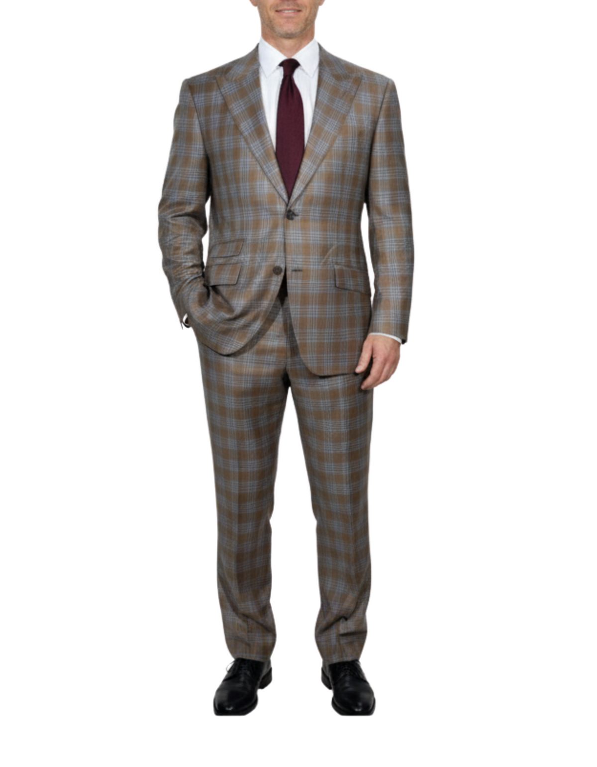 Men's Beige Light Blue Plaid Slim Fit Peak Lapel Wool 2-Button Suit