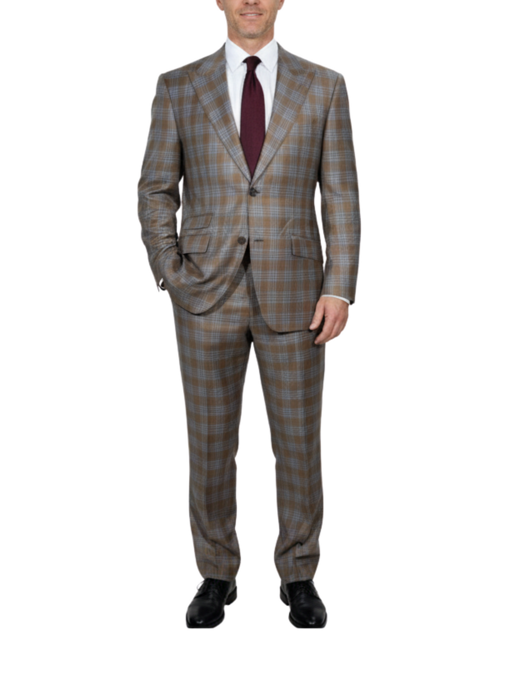 Men's Beige Light Blue Plaid Modern Fit Peak Lapel Wool 2-Button Suit