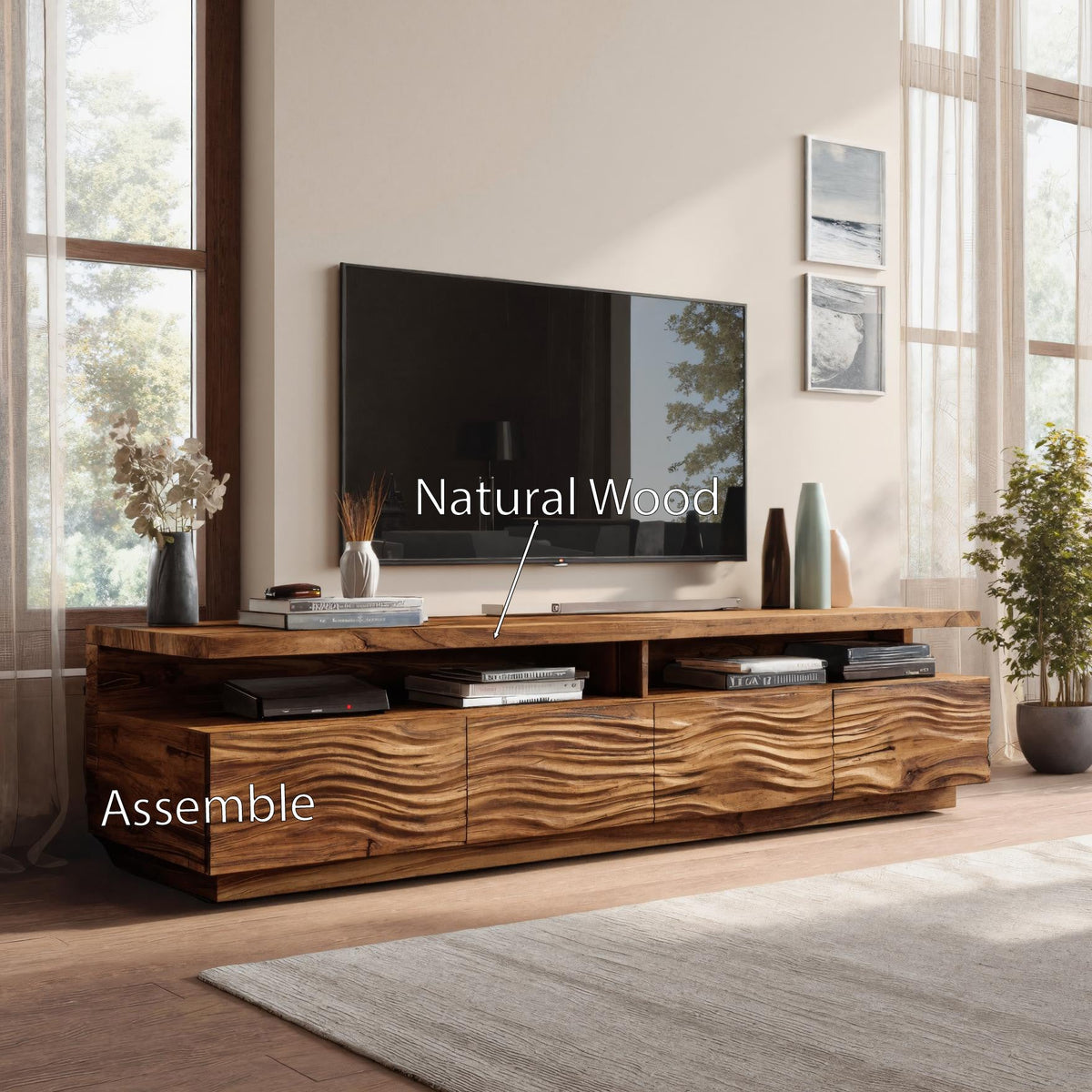 Solid Wood TV Stand with Wave Carved Storage Cabinets - view 7