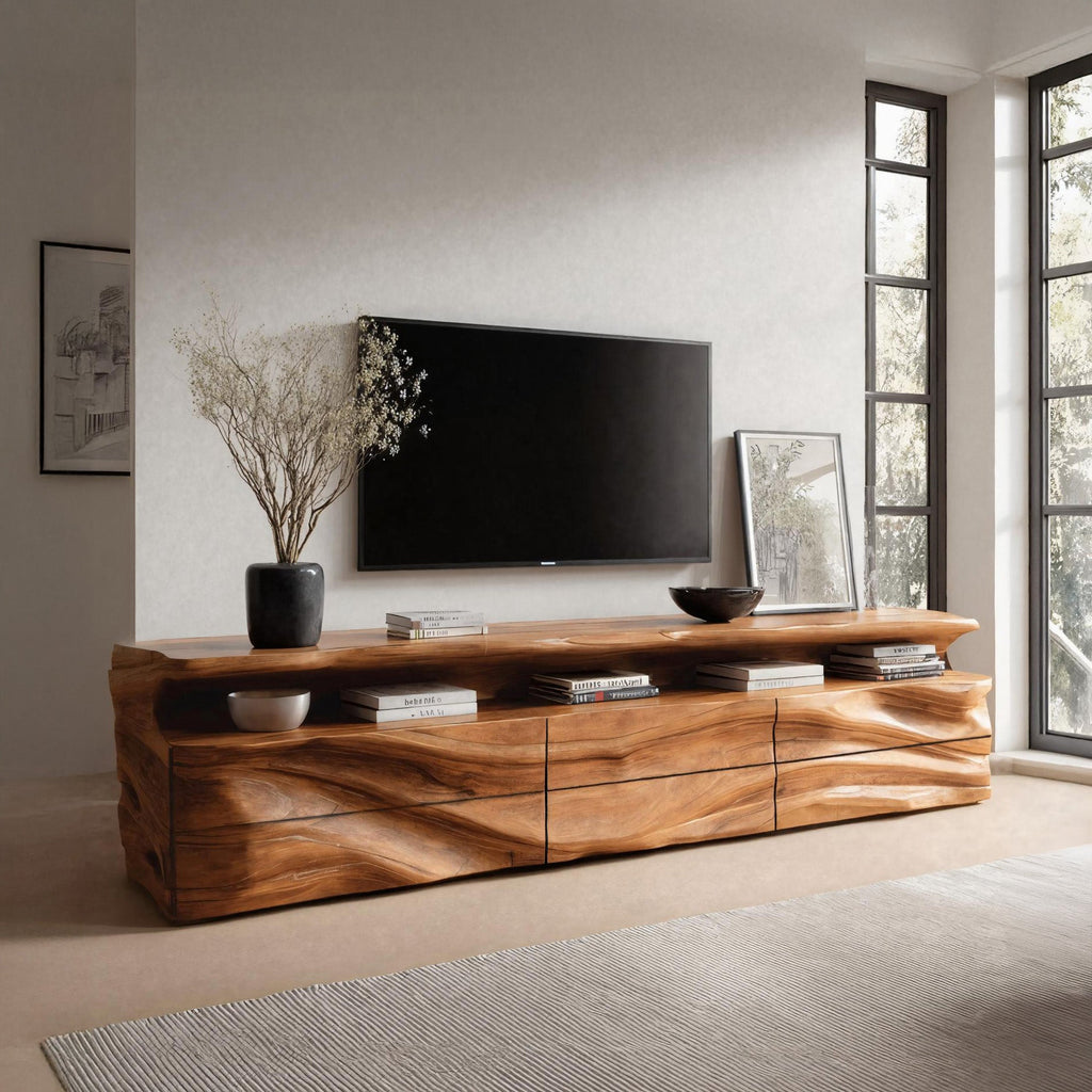 Sculptural Solid Wood TV Console with Shelf and Drawers - view 7