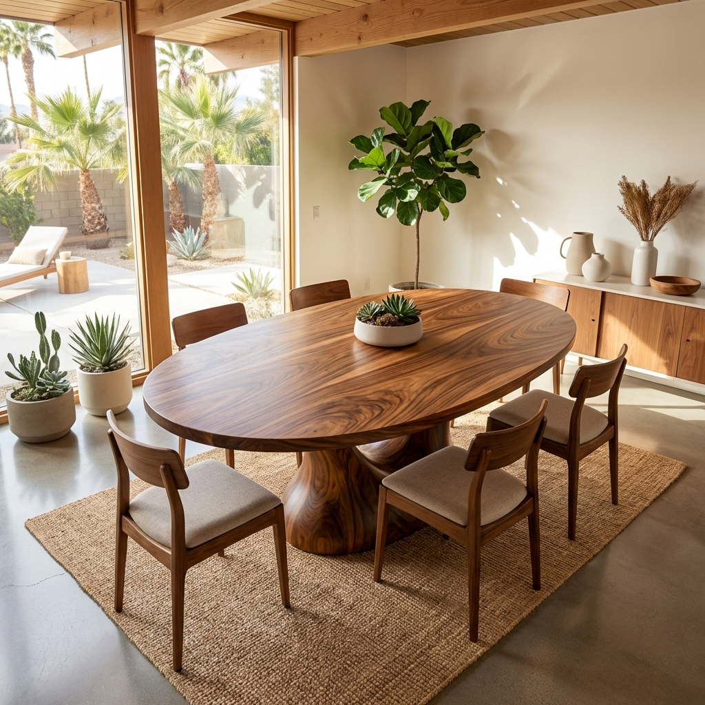 Farmhouse Solid Wood Dining Table with Sculptural Curved Pedestal - view 7