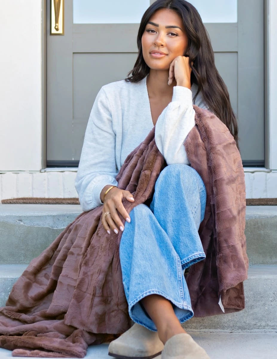 Textured Plush Throw Blanket - Golden Brown