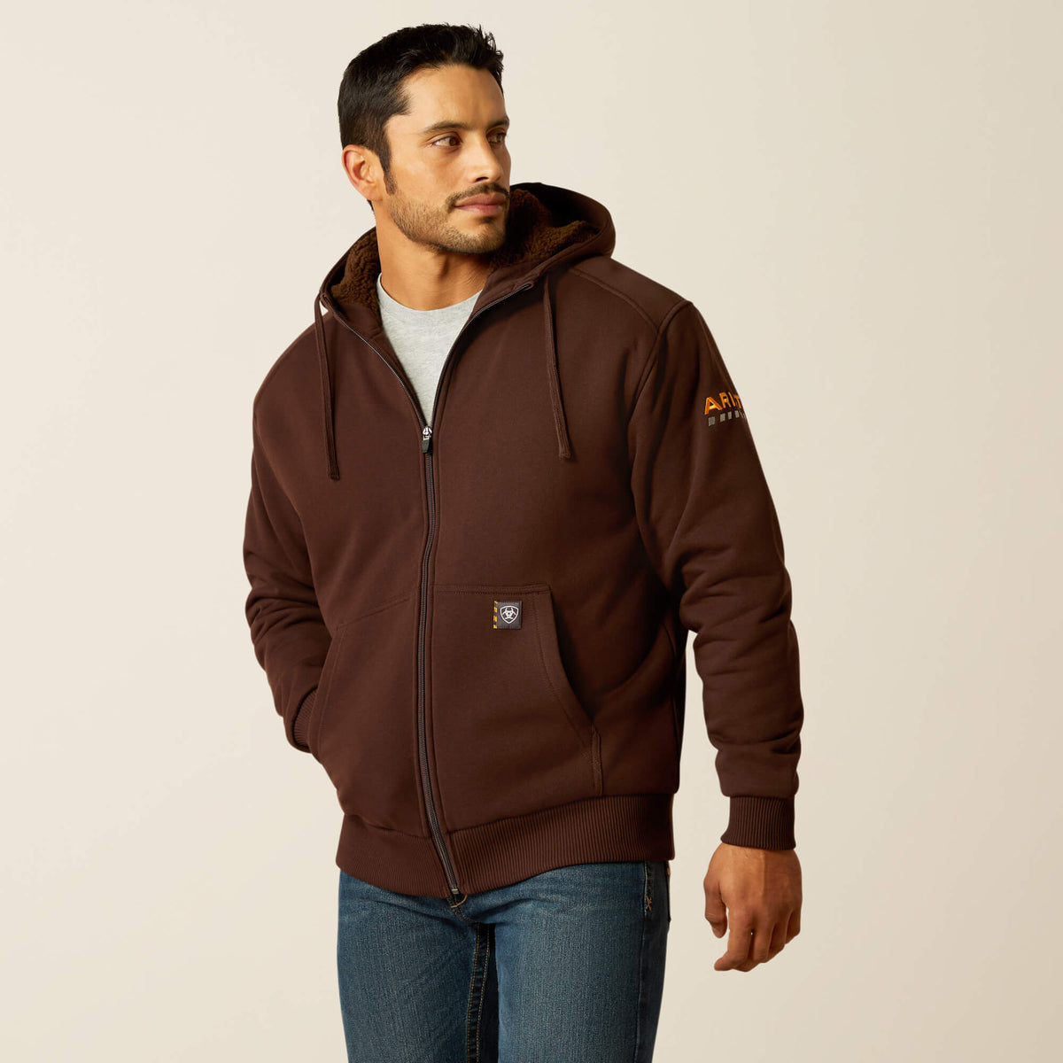 Men's Sherpa-Lined Water-Repellent Zip Hoodie - Brown