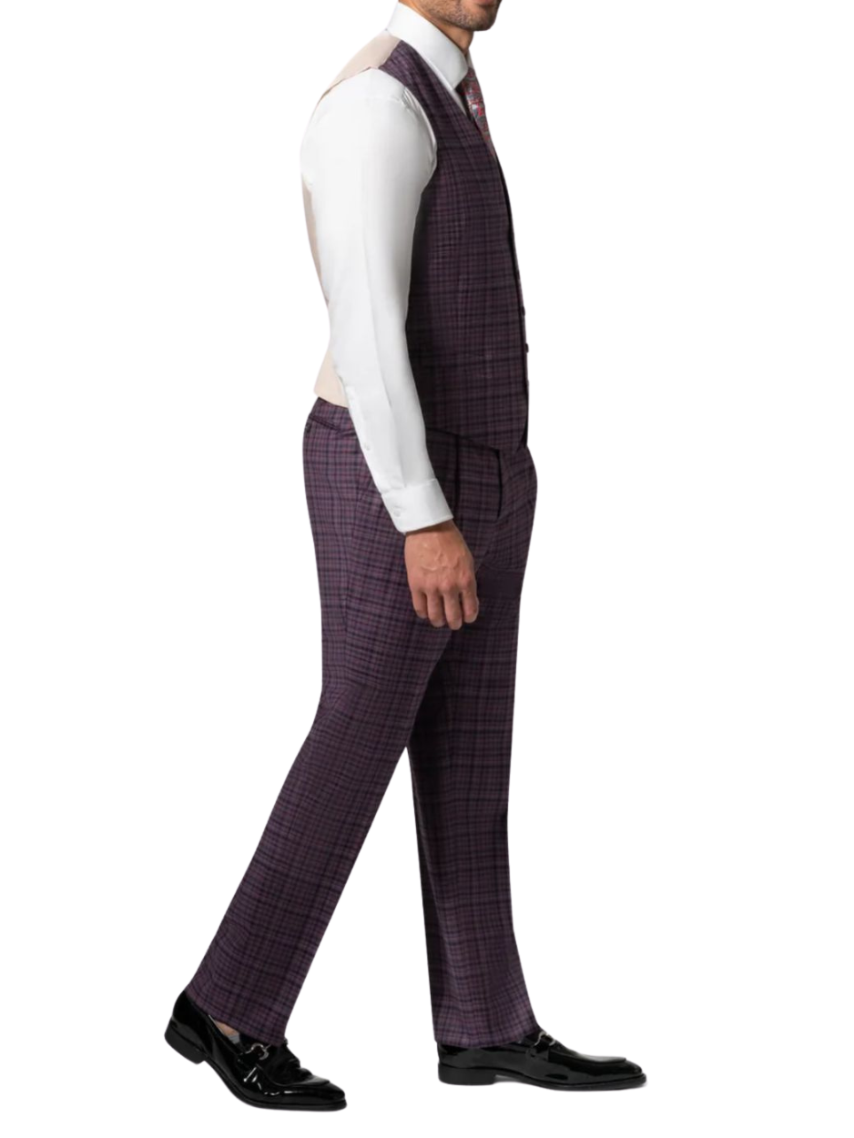 Men's Purple Plaid Modern Fit Wool 3-Piece Suit