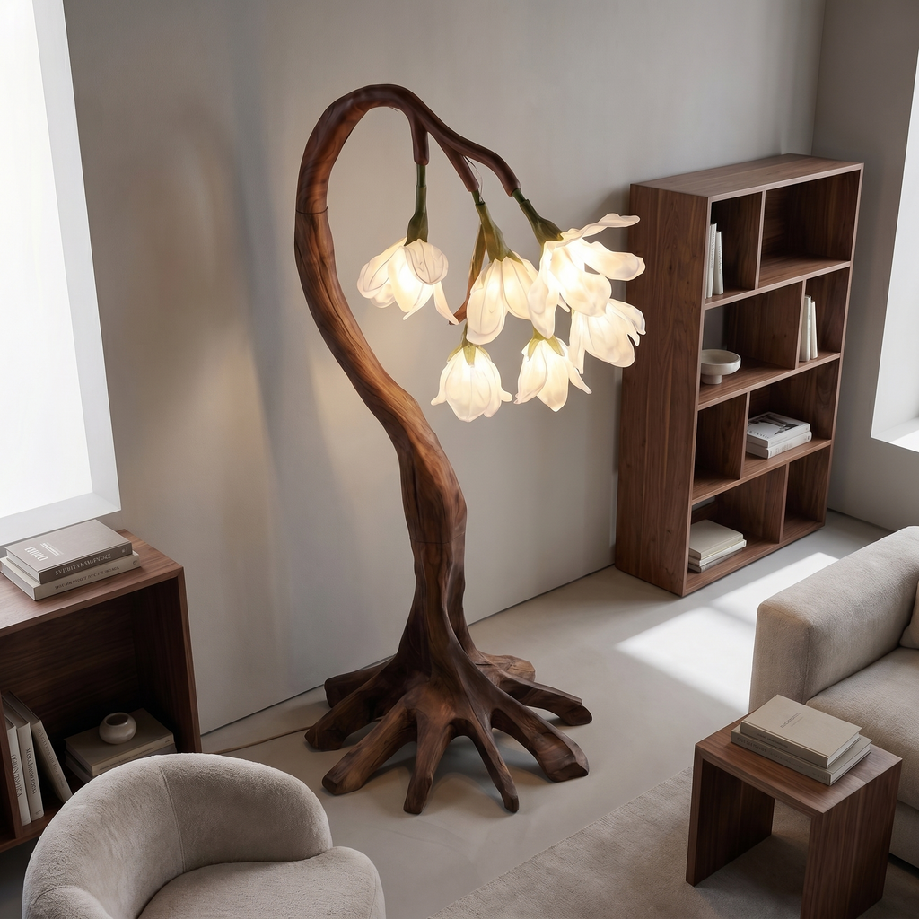 Flower Petal Floor Lamp with Sculptural Solid Wood Branch Base - view 2