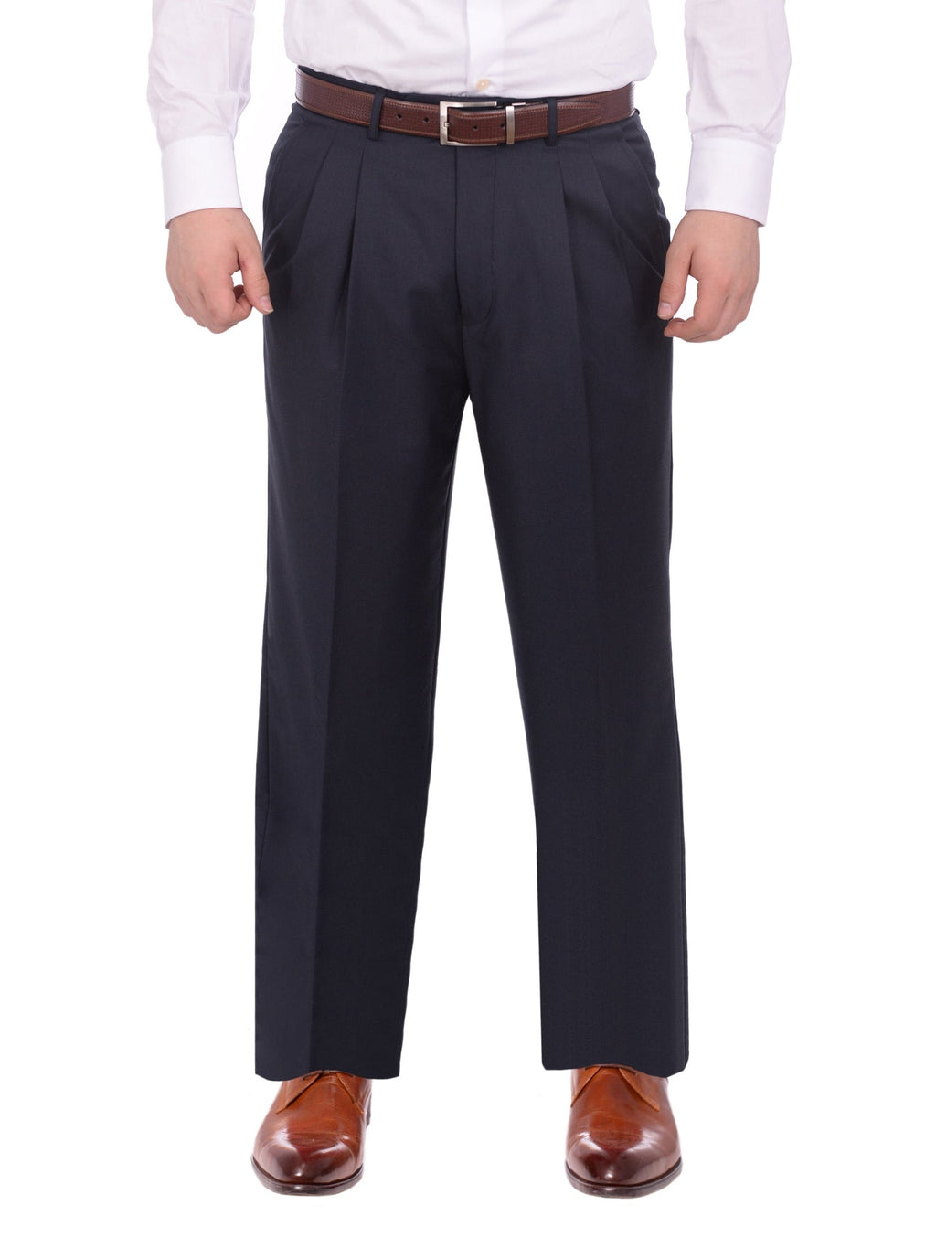 Men's Regular Fit Solid Navy Blue Double Pleated Unhemmed Dress Pants
