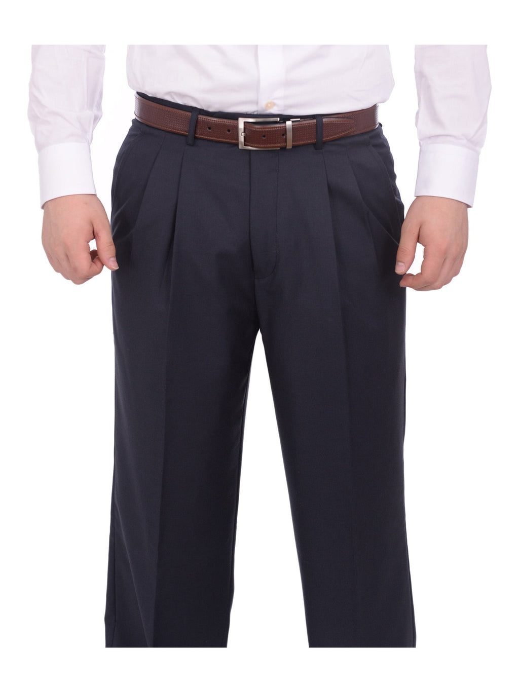 Men's Regular Fit Solid Navy Blue Double Pleated Unhemmed Dress Pants