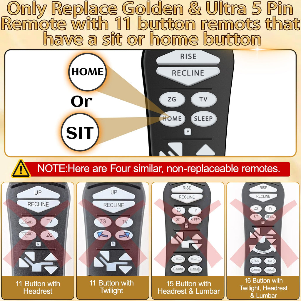 ZKAD-5 5 Pin Lift Chair Remote Only Fit for 2 Motors Golden and Ultra Comfort Chairs with 11 Button(Include SIT or Home, Not Twilight) Remote