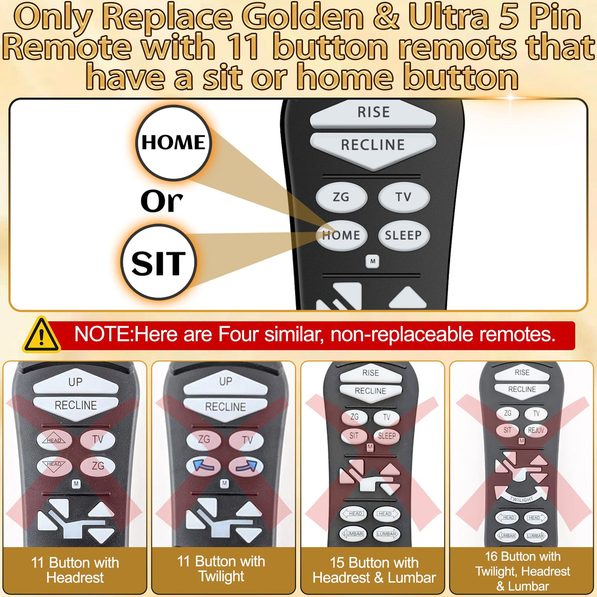 ZKAD-5 5 Pin Lift Chair Remote Only Fit for 2 Motors Golden and Ultra Comfort Chairs with 11 Button(Include SIT or Home, Not Twilight) Remote